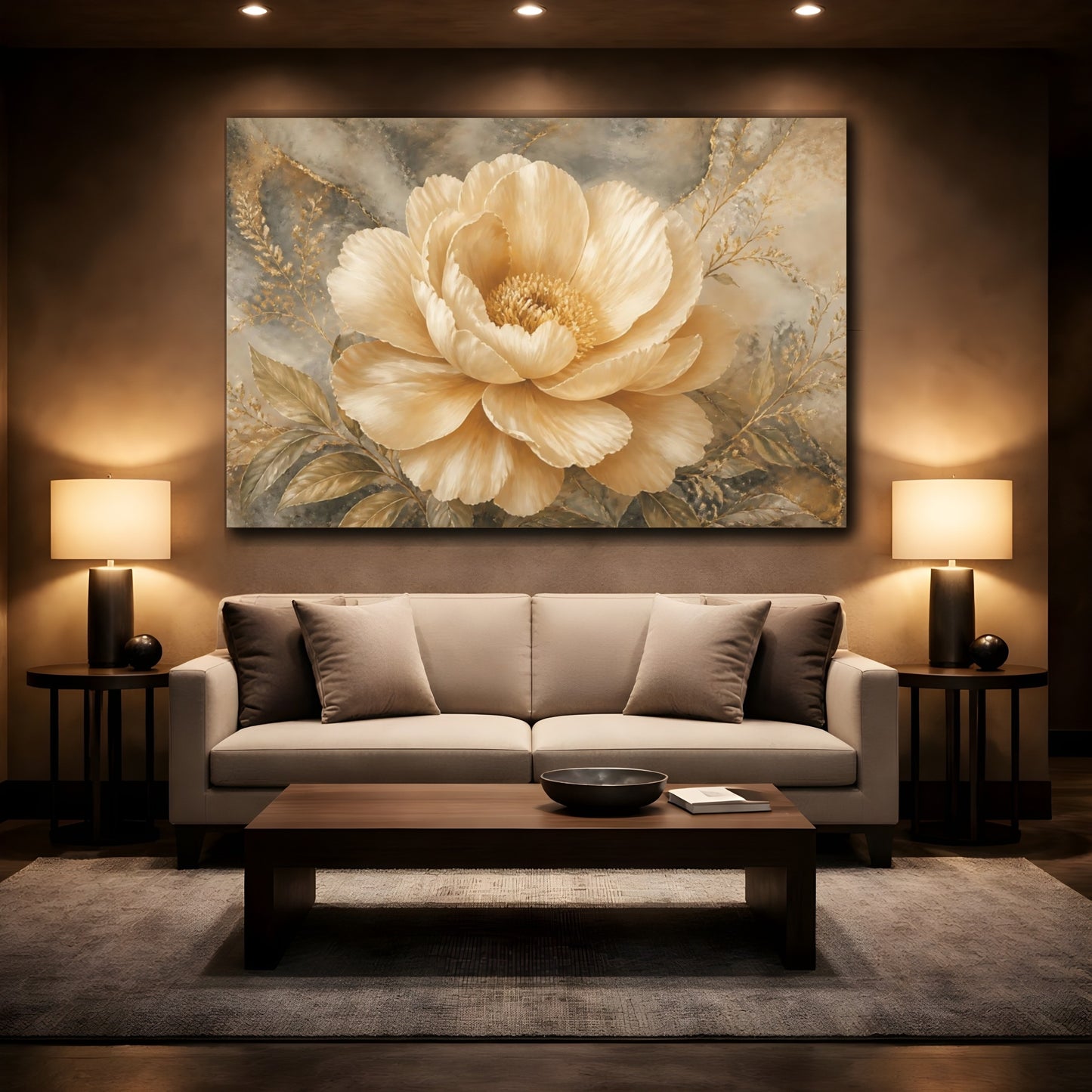 Mockup 2. Champagne Peony Elegance shown as canvas print
