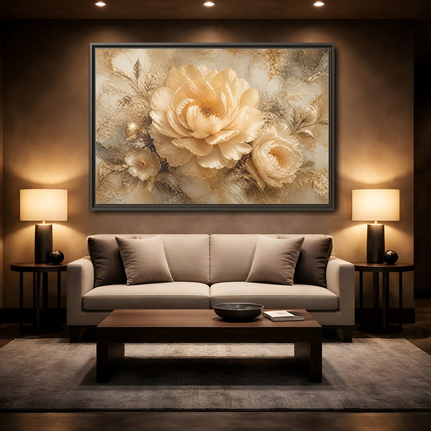 Mockup 2. Champagne Peony Elegance shown as framed canvas print