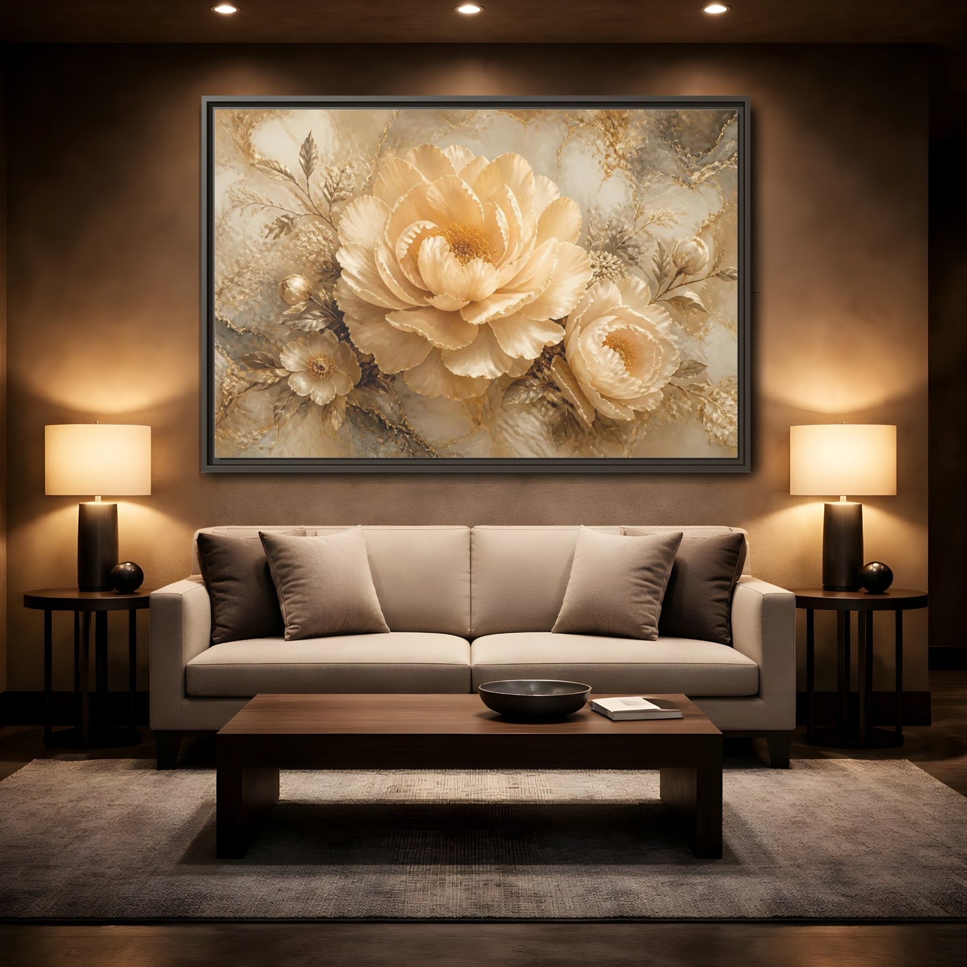 Mockup 2. Champagne Peony Elegance shown as framed canvas print
