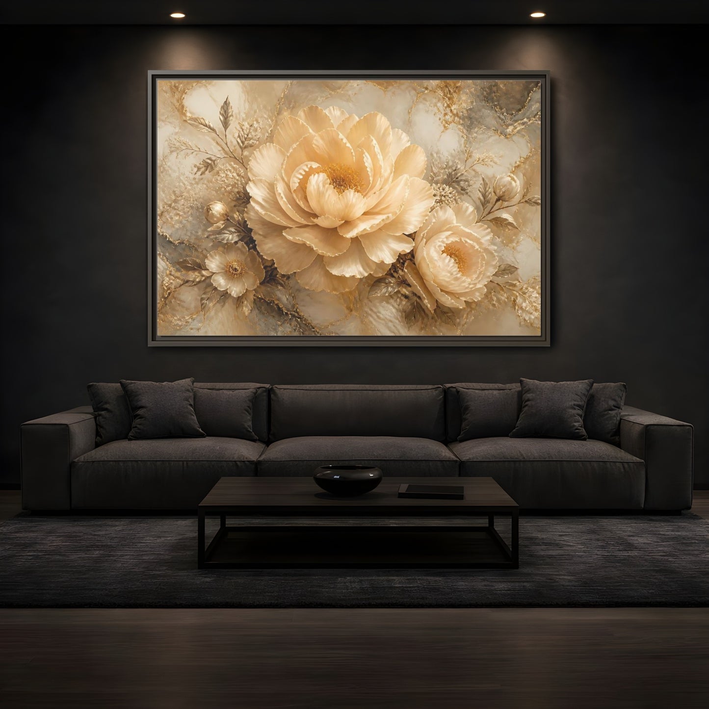 Mockup 3. Champagne Peony Elegance shown as framed canvas print