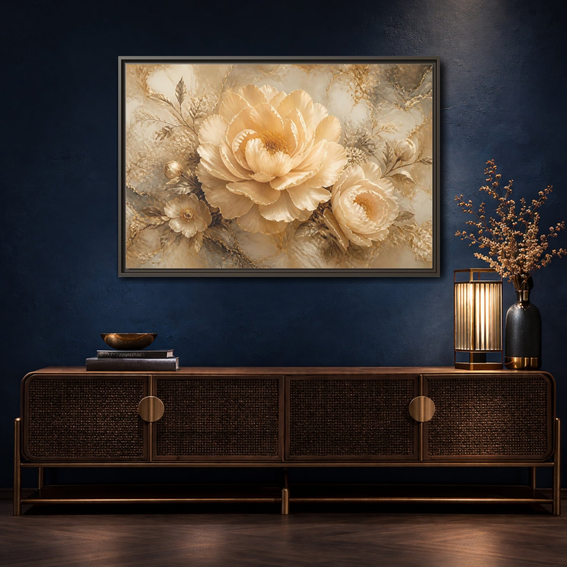 Mockup 4. Champagne Peony Elegance shown as framed canvas print