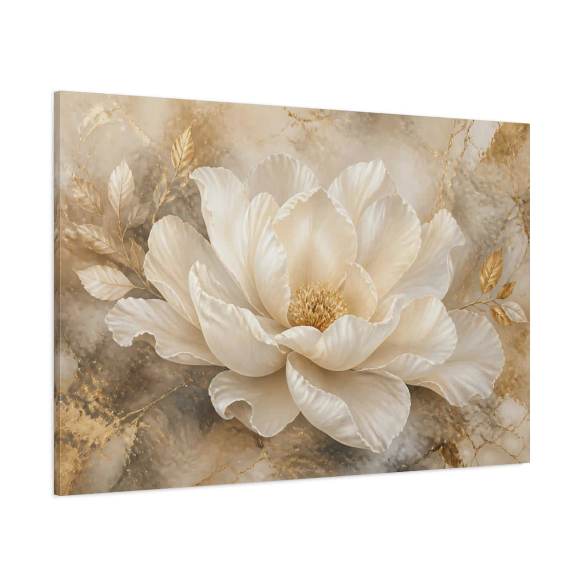 Side Mockup 1. Champagne Peony In Gold shown as canvas print