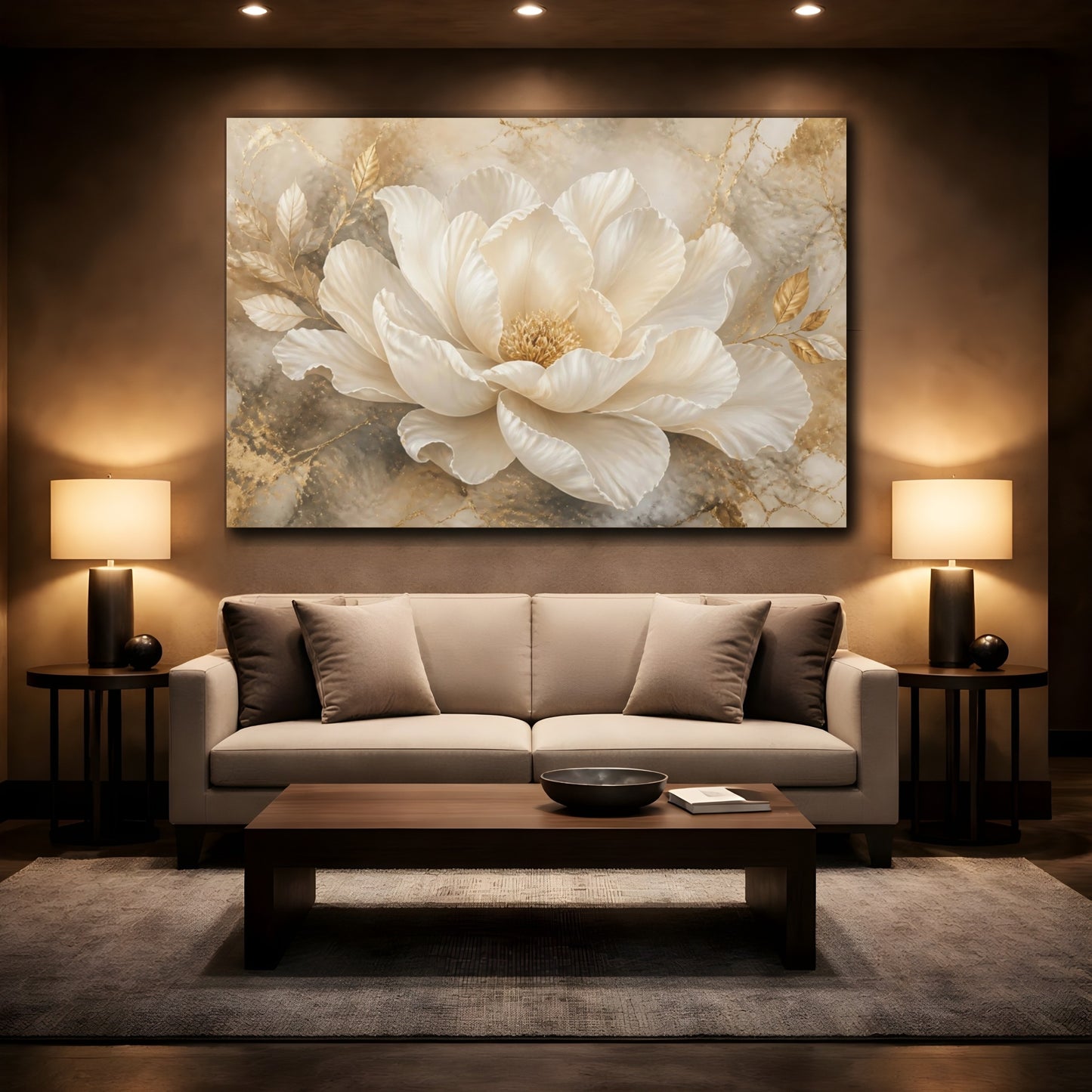Mockup 2. Champagne Peony In Gold shown as canvas print