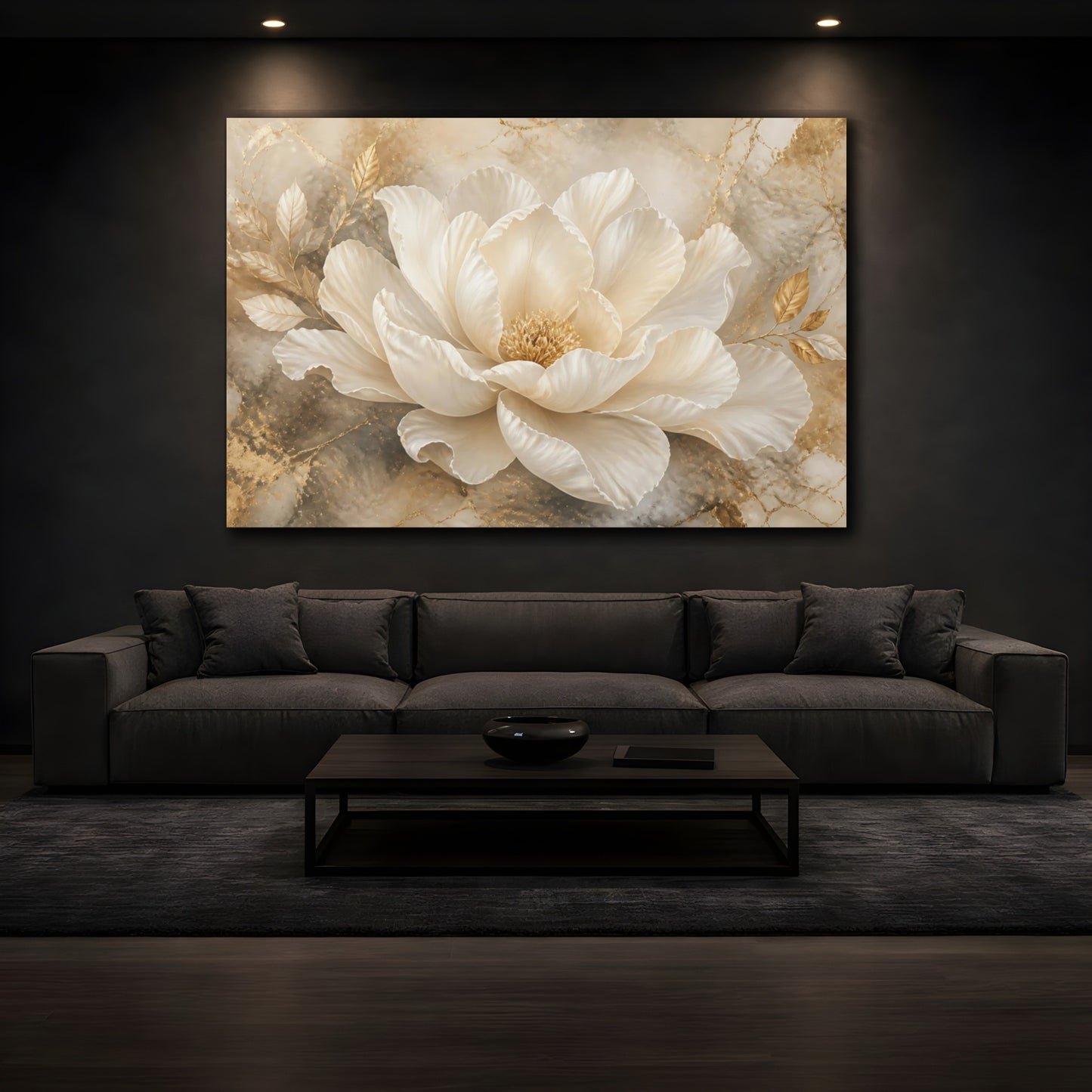 Mockup 3. Champagne Peony In Gold shown as canvas print