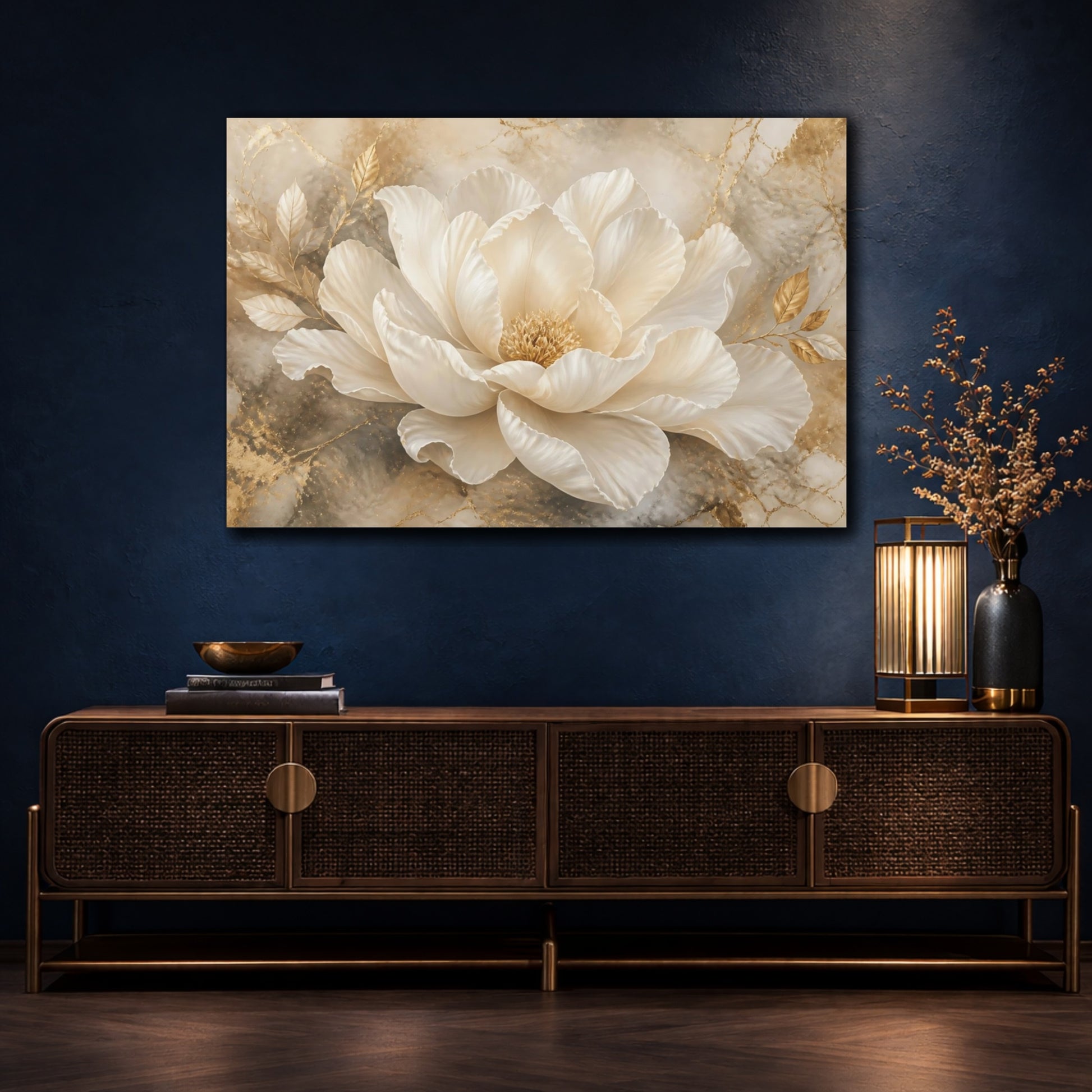 Mockup 4. Champagne Peony In Gold shown as canvas print