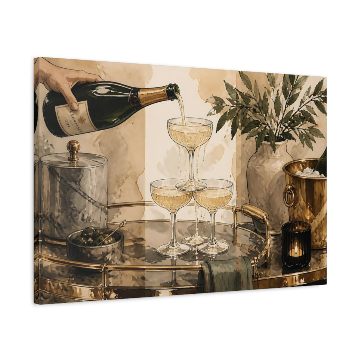 Side Mockup 2. Champagne Tower Bar Cart shown as canvas print
