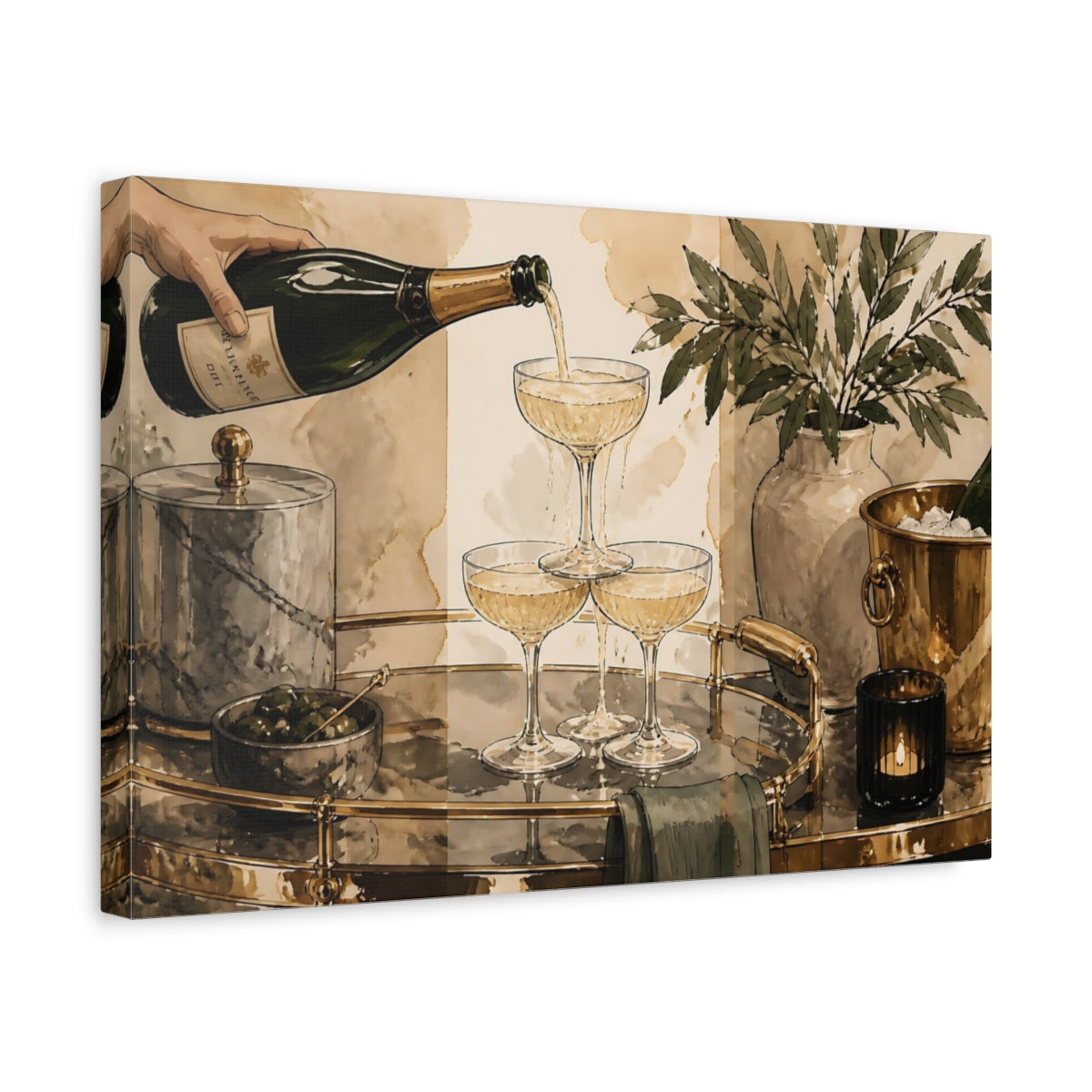 Side Mockup 4. Champagne Tower Bar Cart shown as canvas print