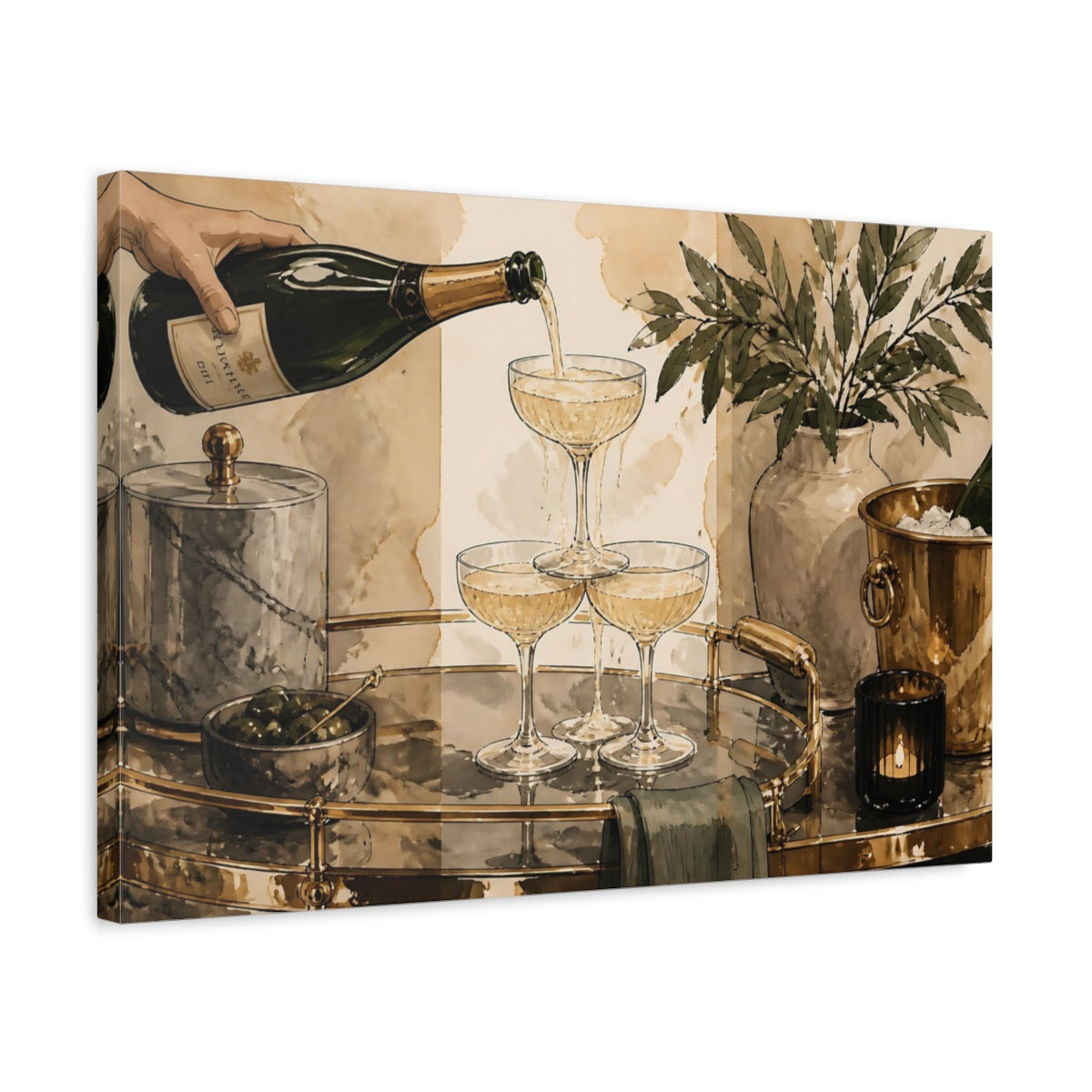 Side Mockup 3. Champagne Tower Bar Cart shown as canvas print
