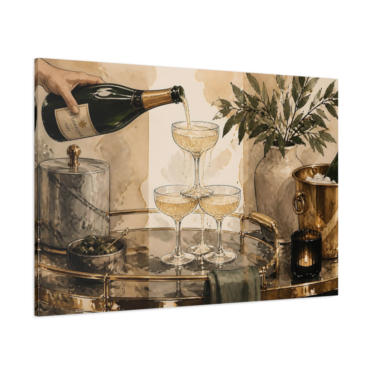 Side Mockup 1. Champagne Tower Bar Cart shown as canvas print