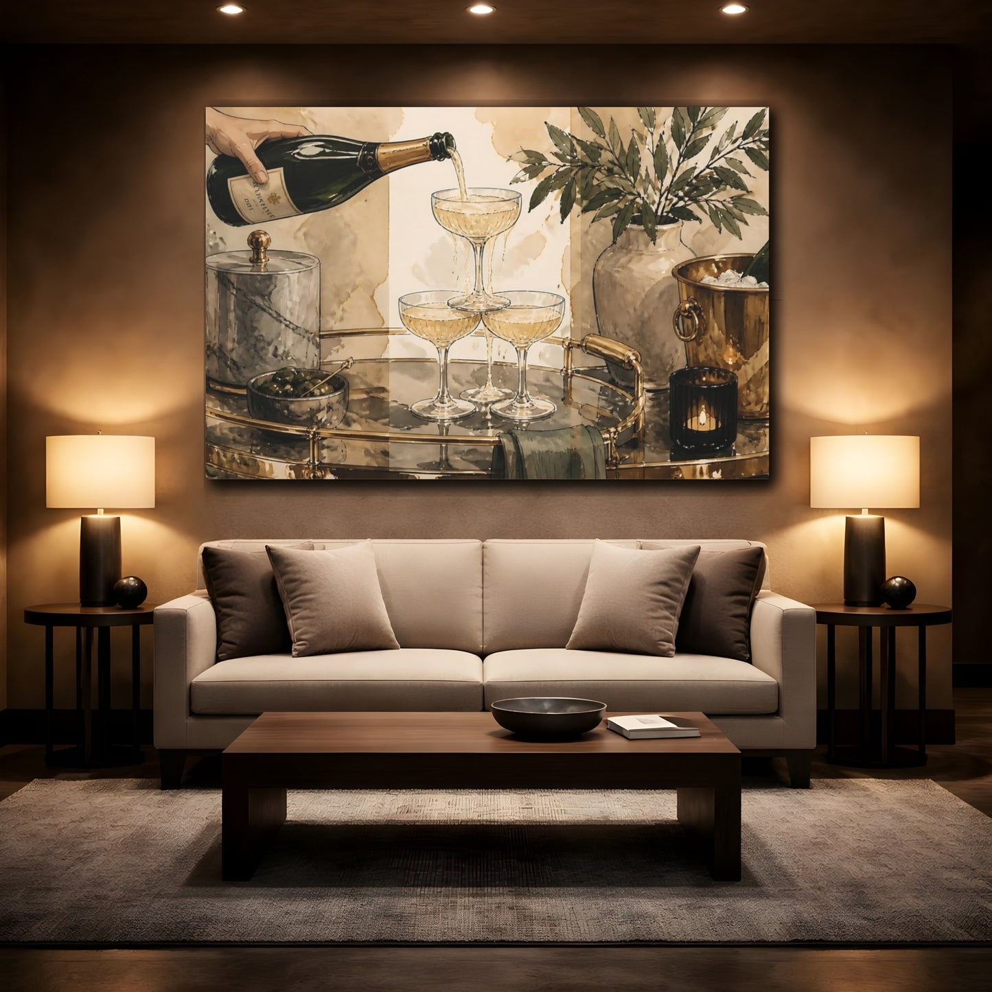 Mockup 2. Champagne Tower Bar Cart shown as canvas print
