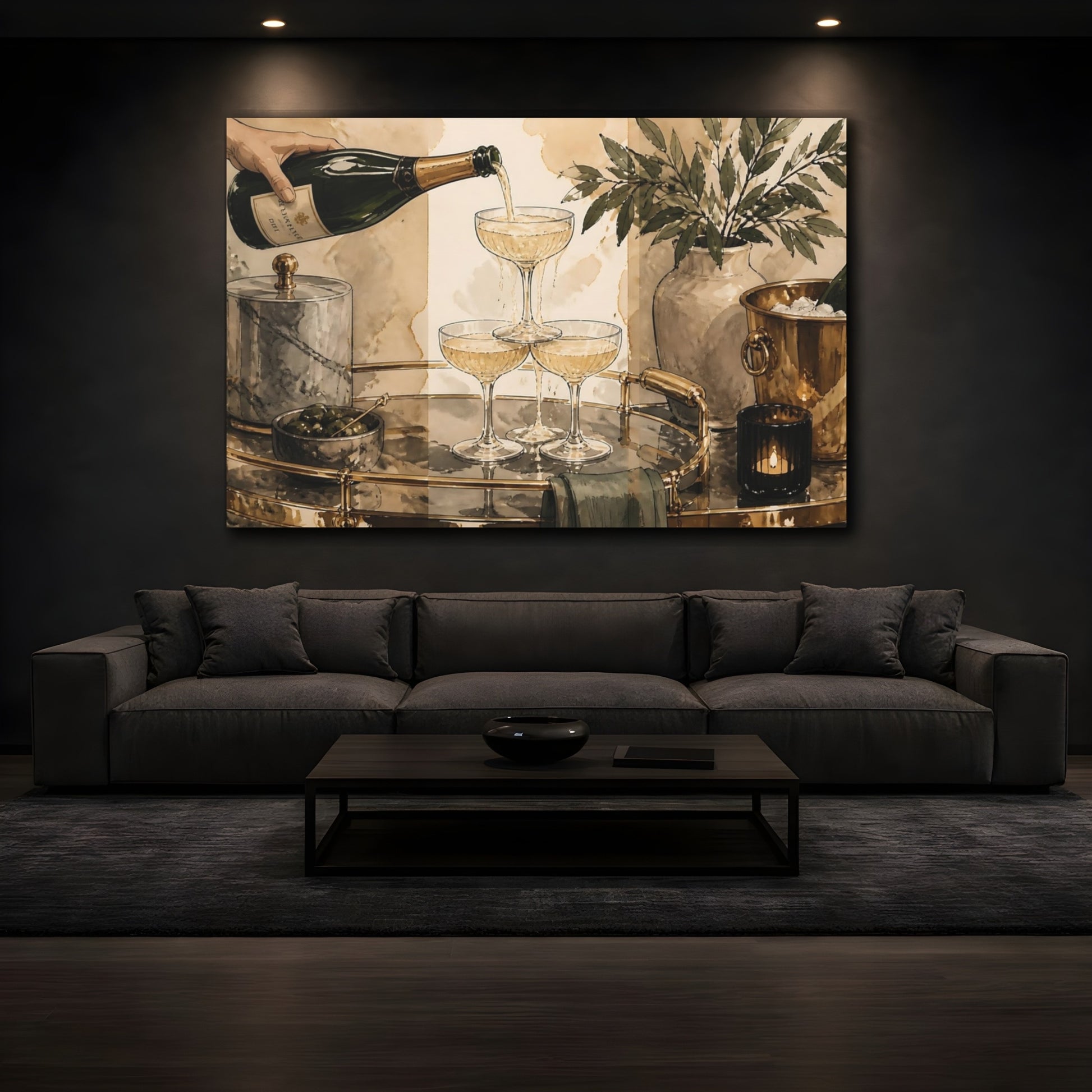Mockup 3. Champagne Tower Bar Cart shown as canvas print