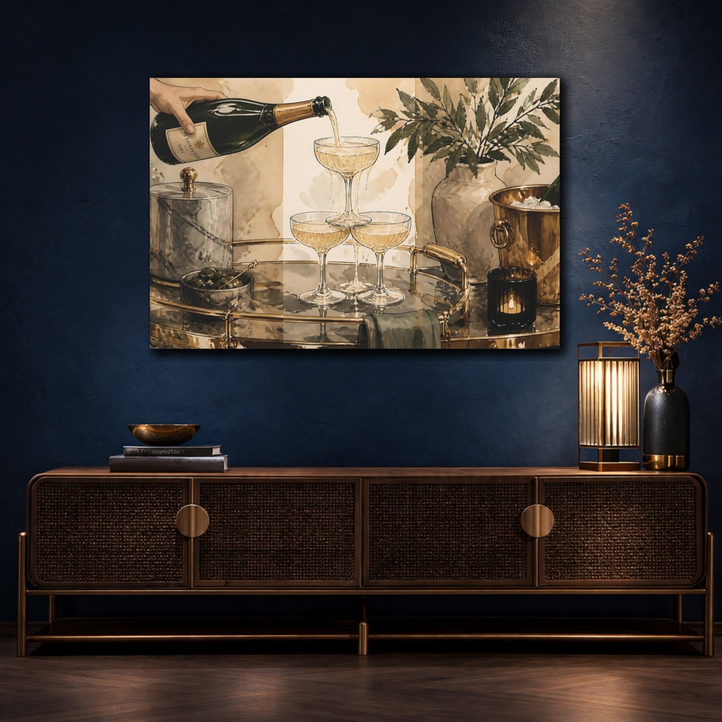 Mockup 4. Champagne Tower Bar Cart shown as canvas print