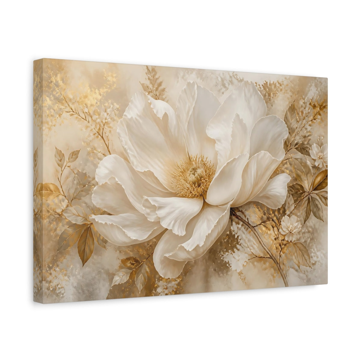 Side Mockup 4. Champagne White Peony Blossom shown as canvas print