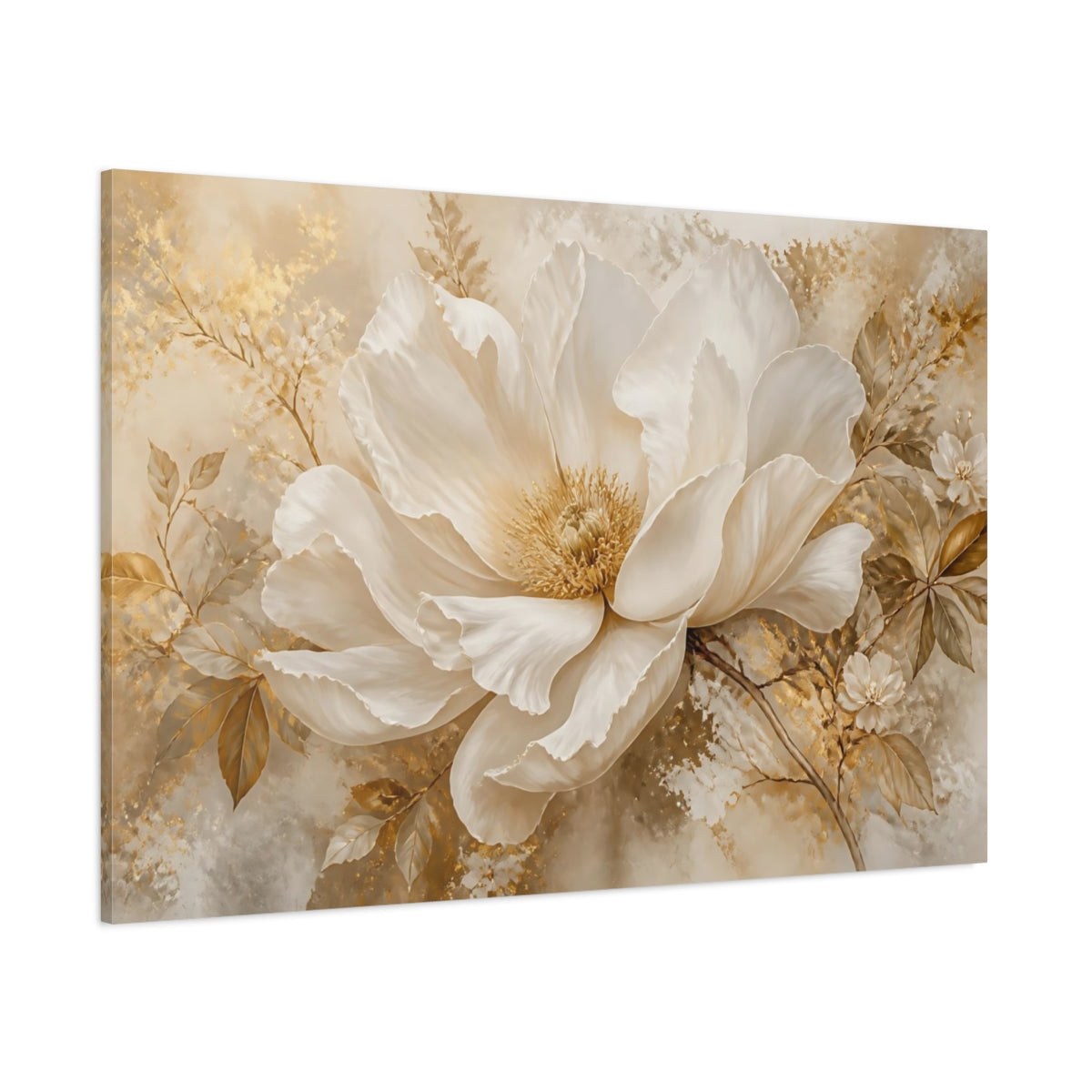 Side Mockup 1. Champagne White Peony Blossom shown as canvas print