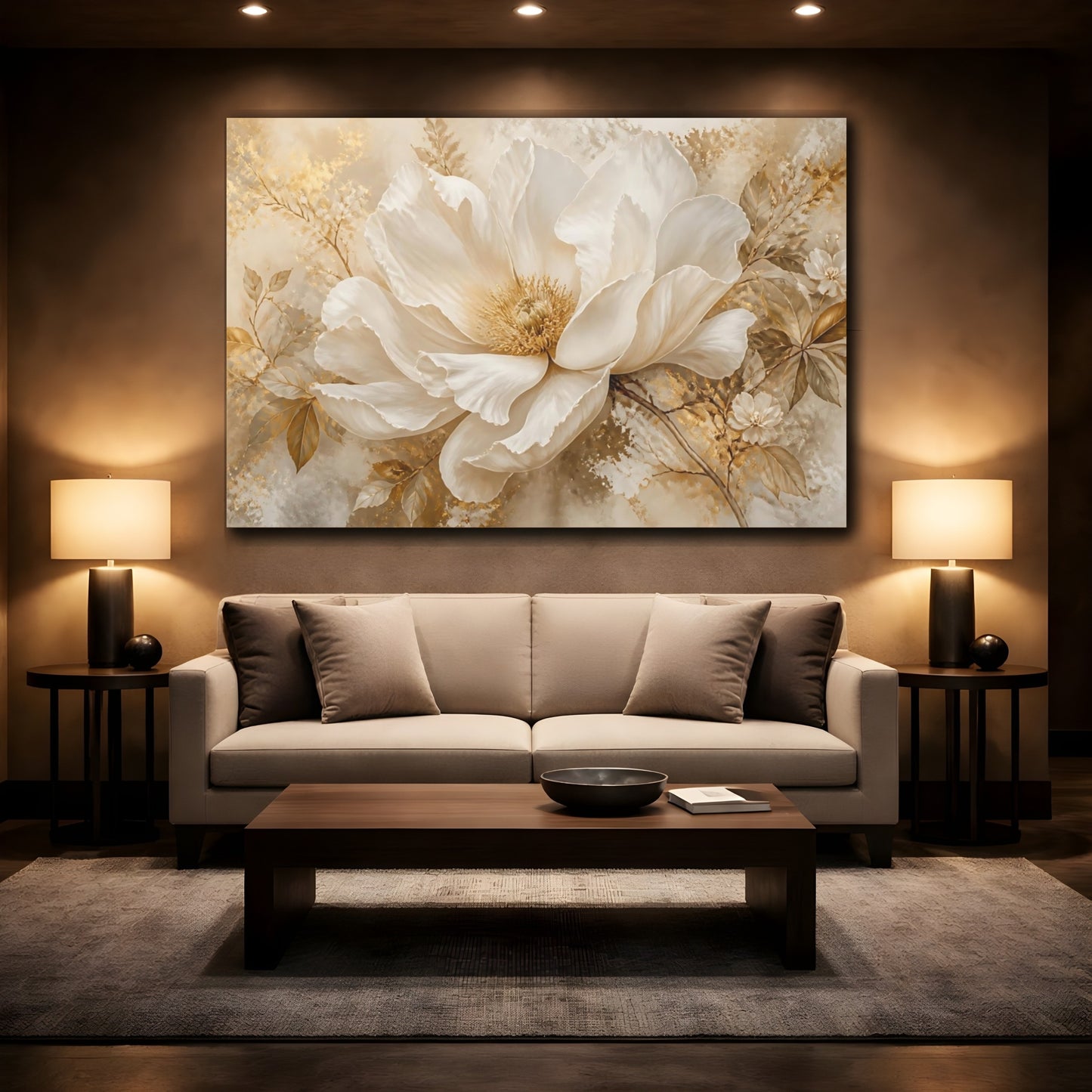 Mockup 2. Champagne White Peony Blossom shown as canvas print
