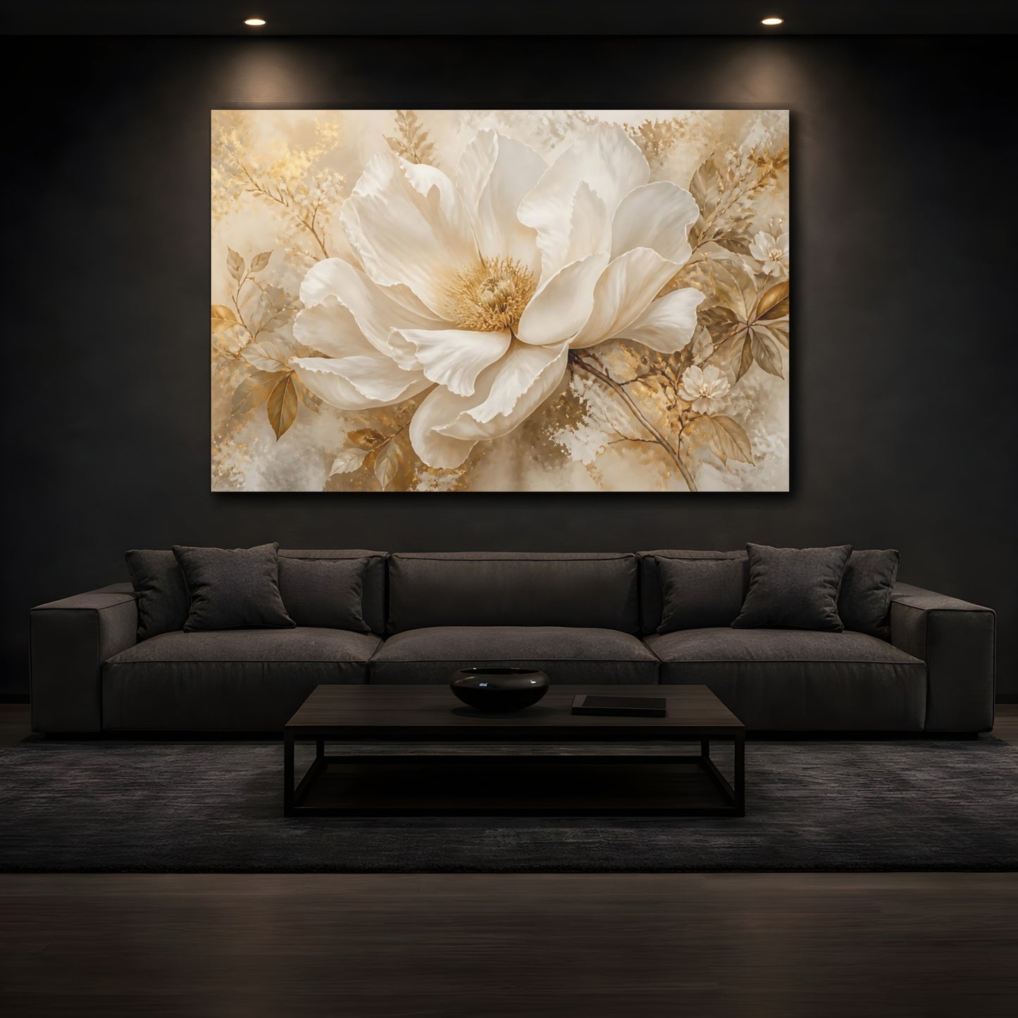 Mockup 3. Champagne White Peony Blossom shown as canvas print