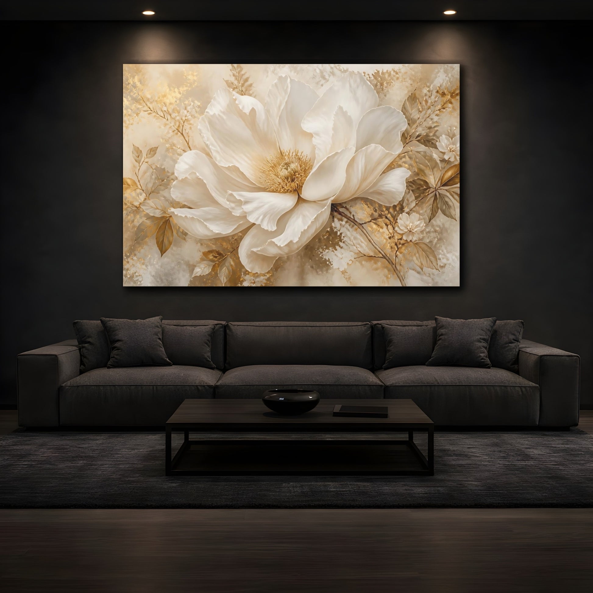Mockup 3. Champagne White Peony Blossom shown as canvas print