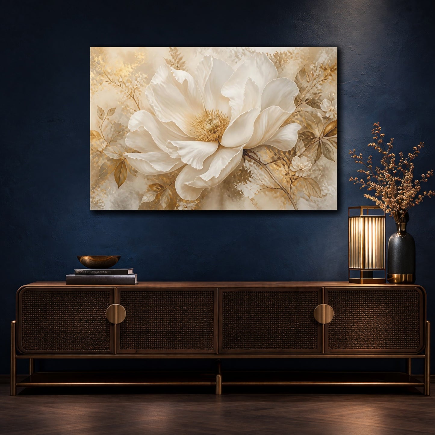Mockup 4. Champagne White Peony Blossom shown as canvas print