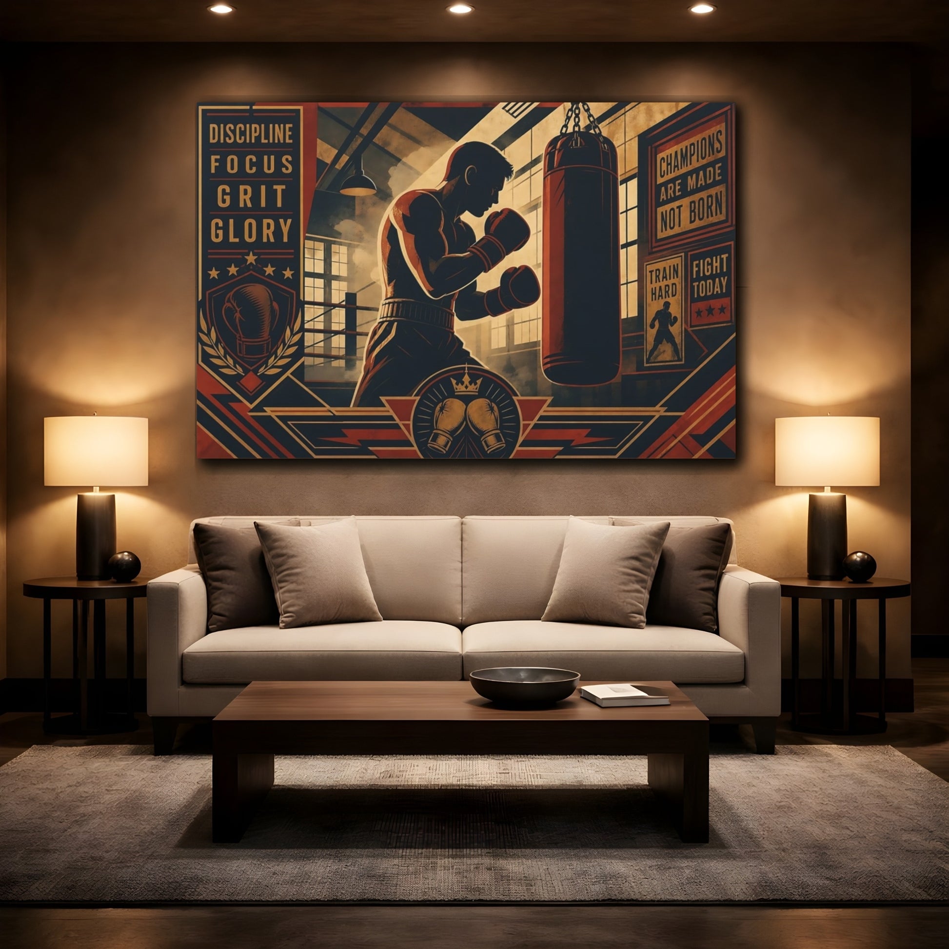 Mockup 2. Champion Boxing Motivation shown as canvas print