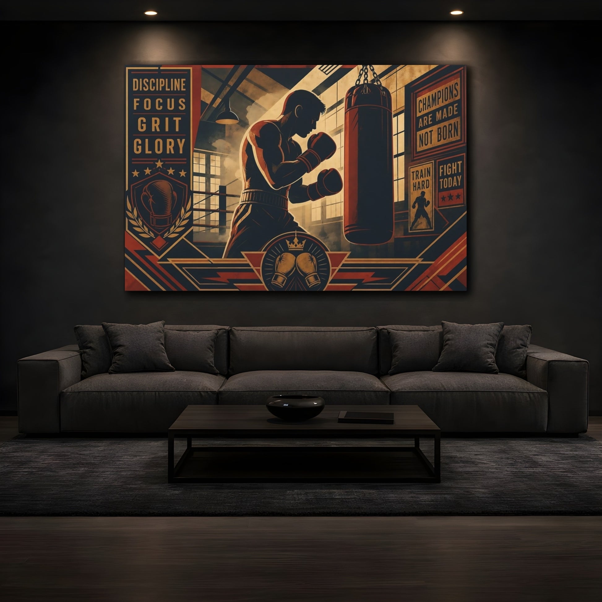 Mockup 3. Champion Boxing Motivation shown as canvas print