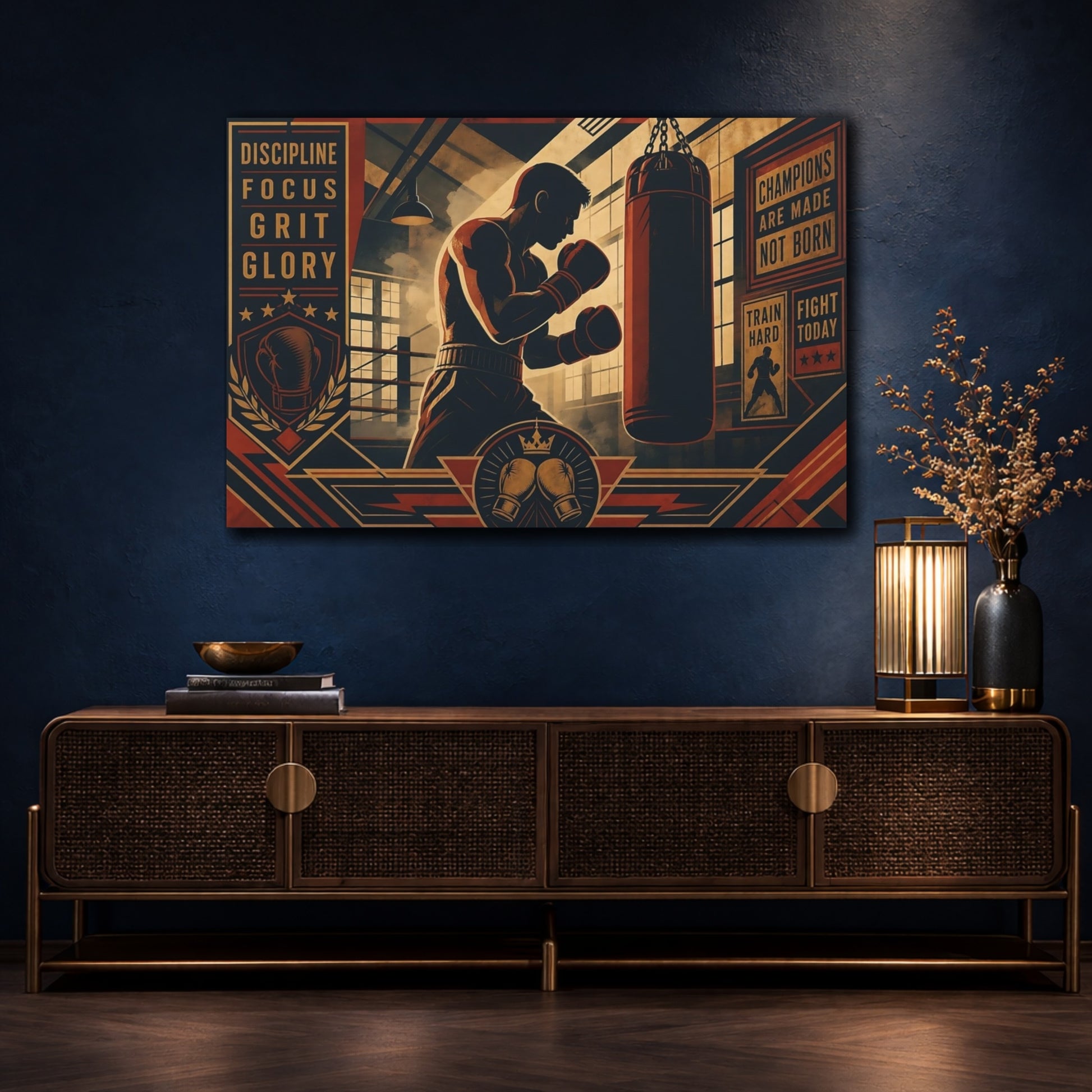 Mockup 4. Champion Boxing Motivation shown as canvas print