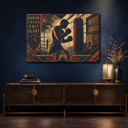 Mockup 4. Champion Boxing Motivation shown as canvas print