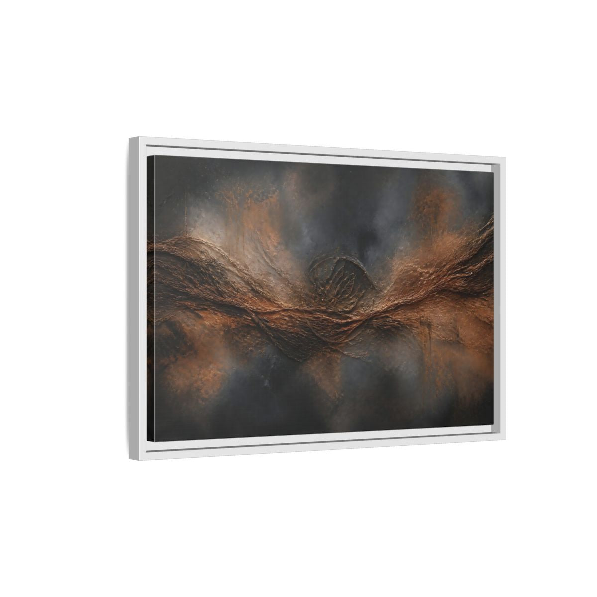 Side Mockup 1. Charcoal Copper Wave shown as framed canvas print