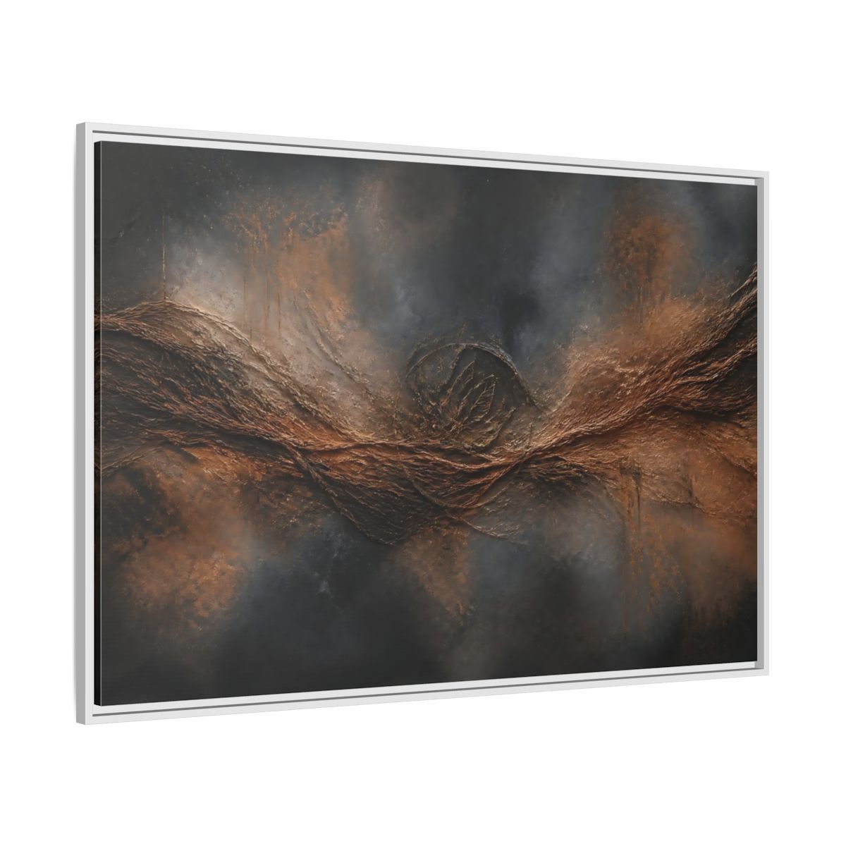 Side Mockup 7. Charcoal Copper Wave shown as framed canvas print