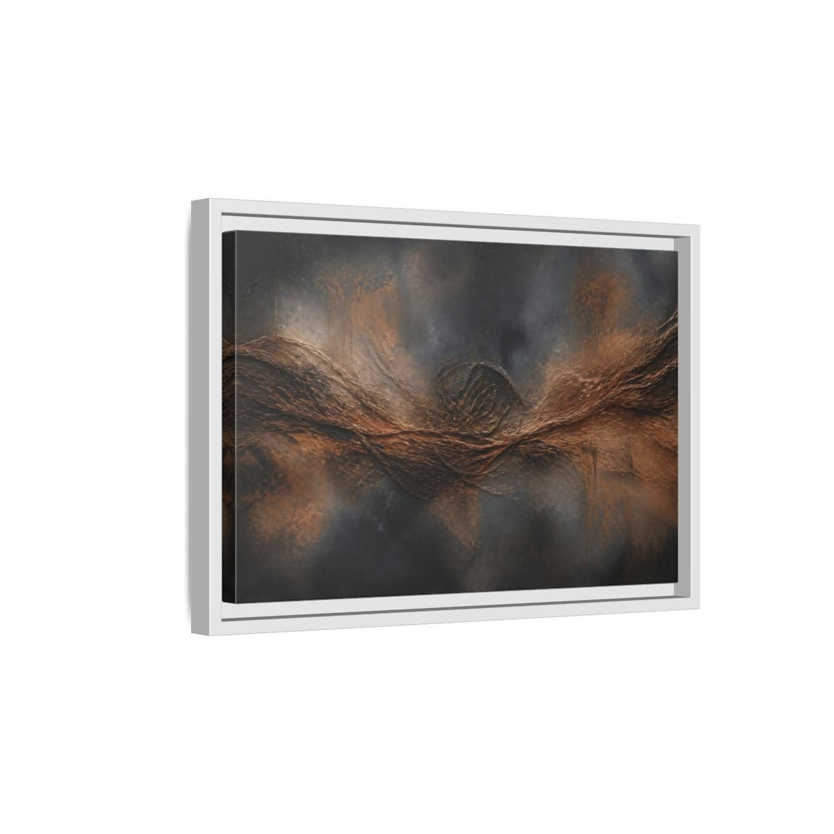 Side Mockup 4. Charcoal Copper Wave shown as framed canvas print