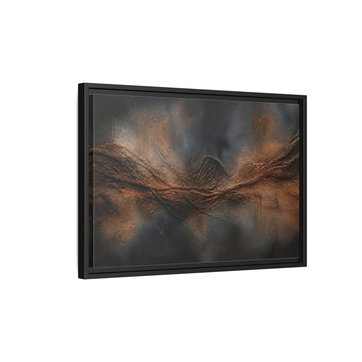 Side Mockup 3. Charcoal Copper Wave shown as framed canvas print