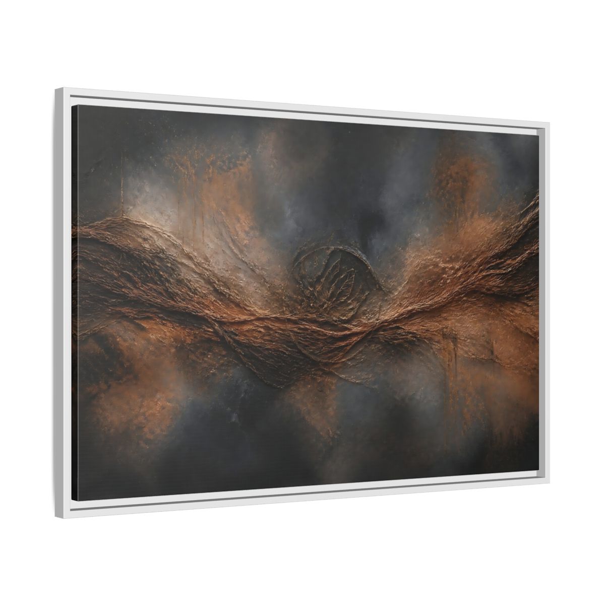 Side Mockup 9. Charcoal Copper Wave shown as framed canvas print