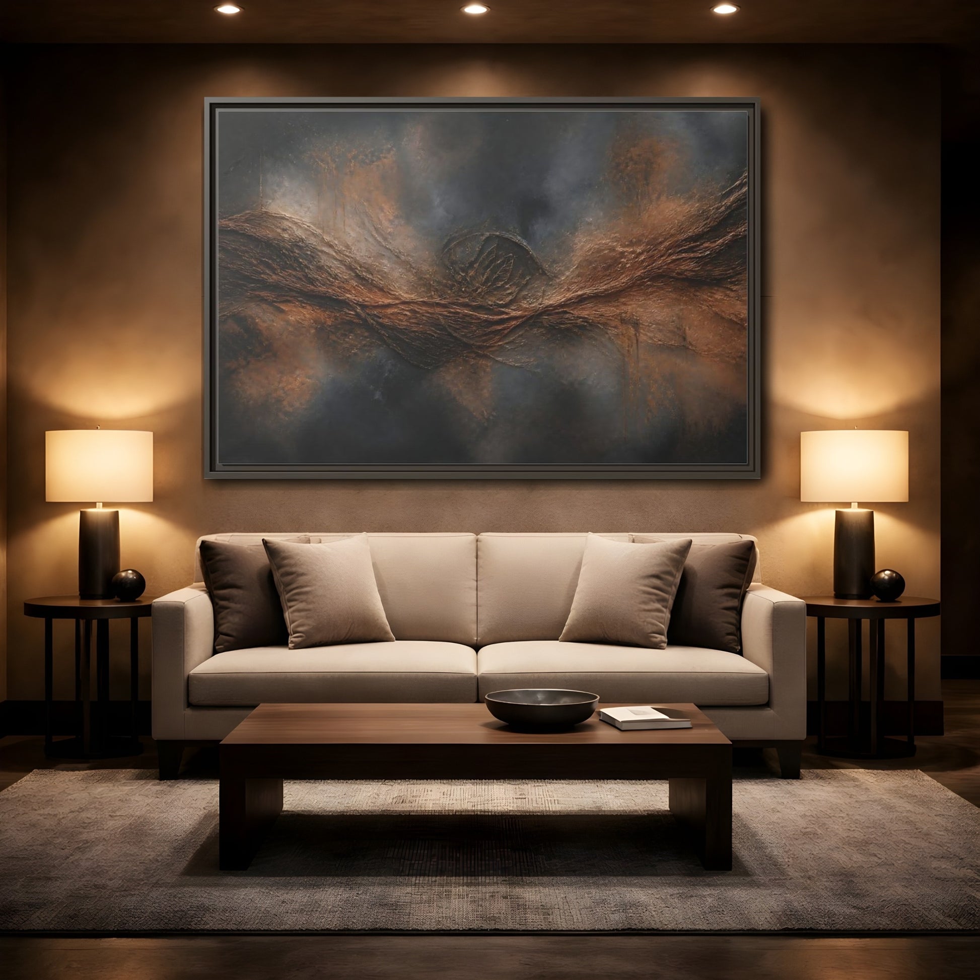 Mockup 2. Charcoal Copper Wave shown as framed canvas print