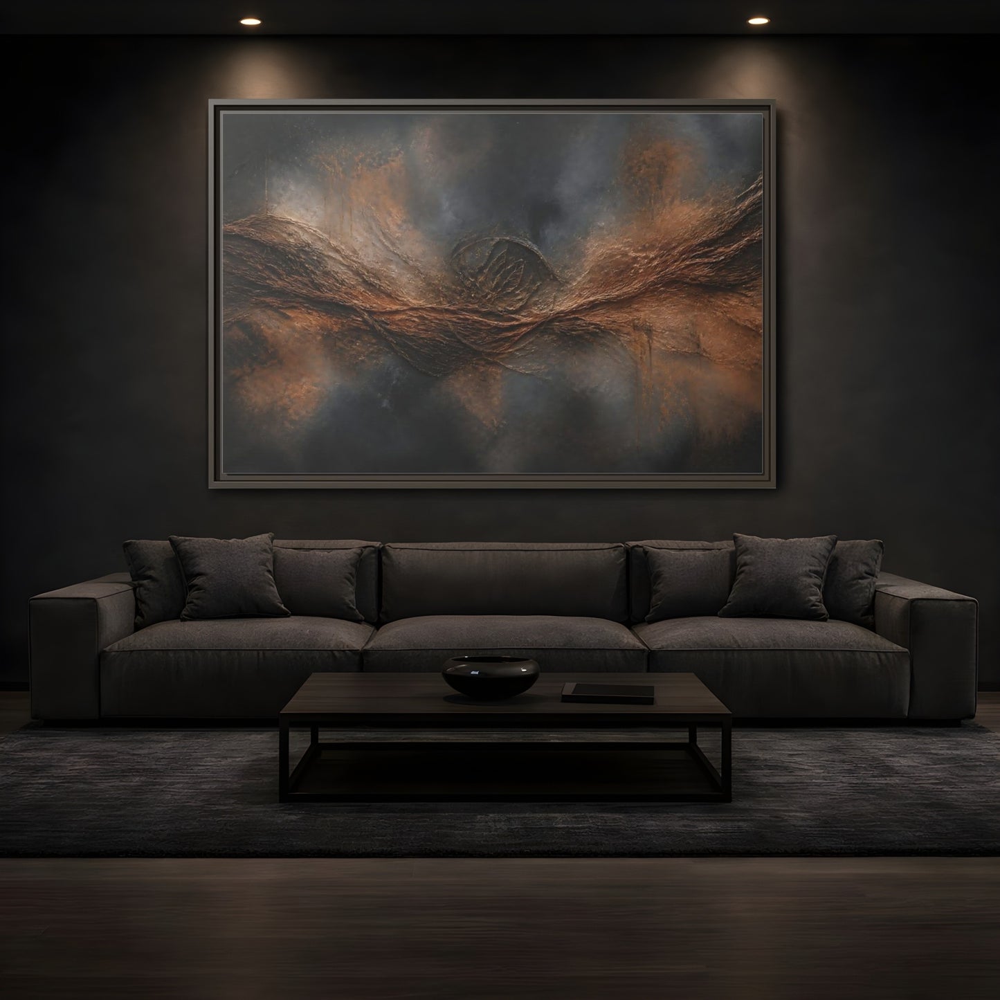Mockup 3. Charcoal Copper Wave shown as framed canvas print