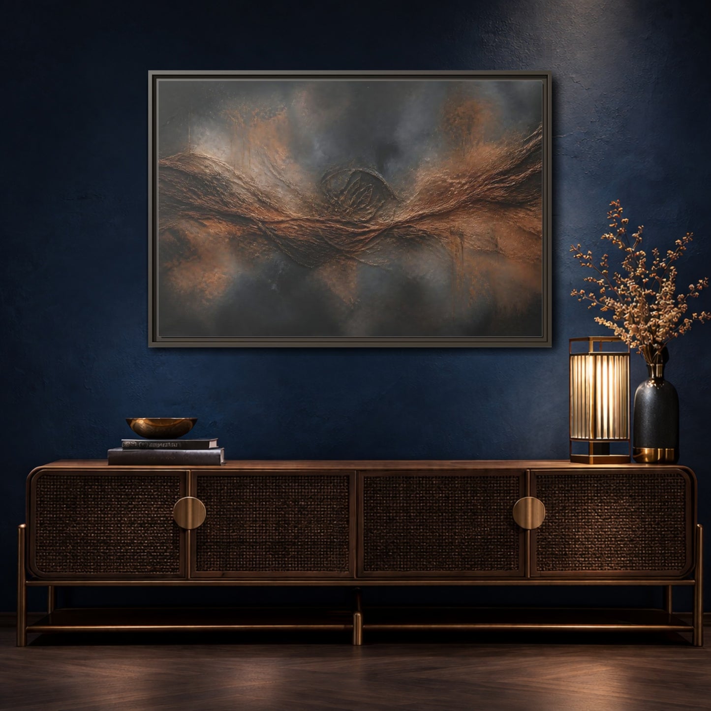 Mockup 4. Charcoal Copper Wave shown as framed canvas print