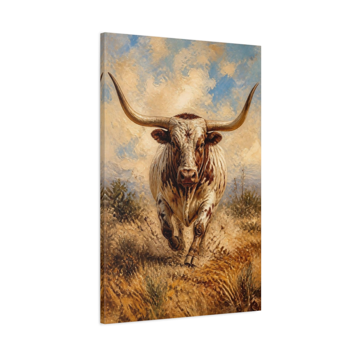 Main Mockup. Charging Longhorn Animals shown as canvas print