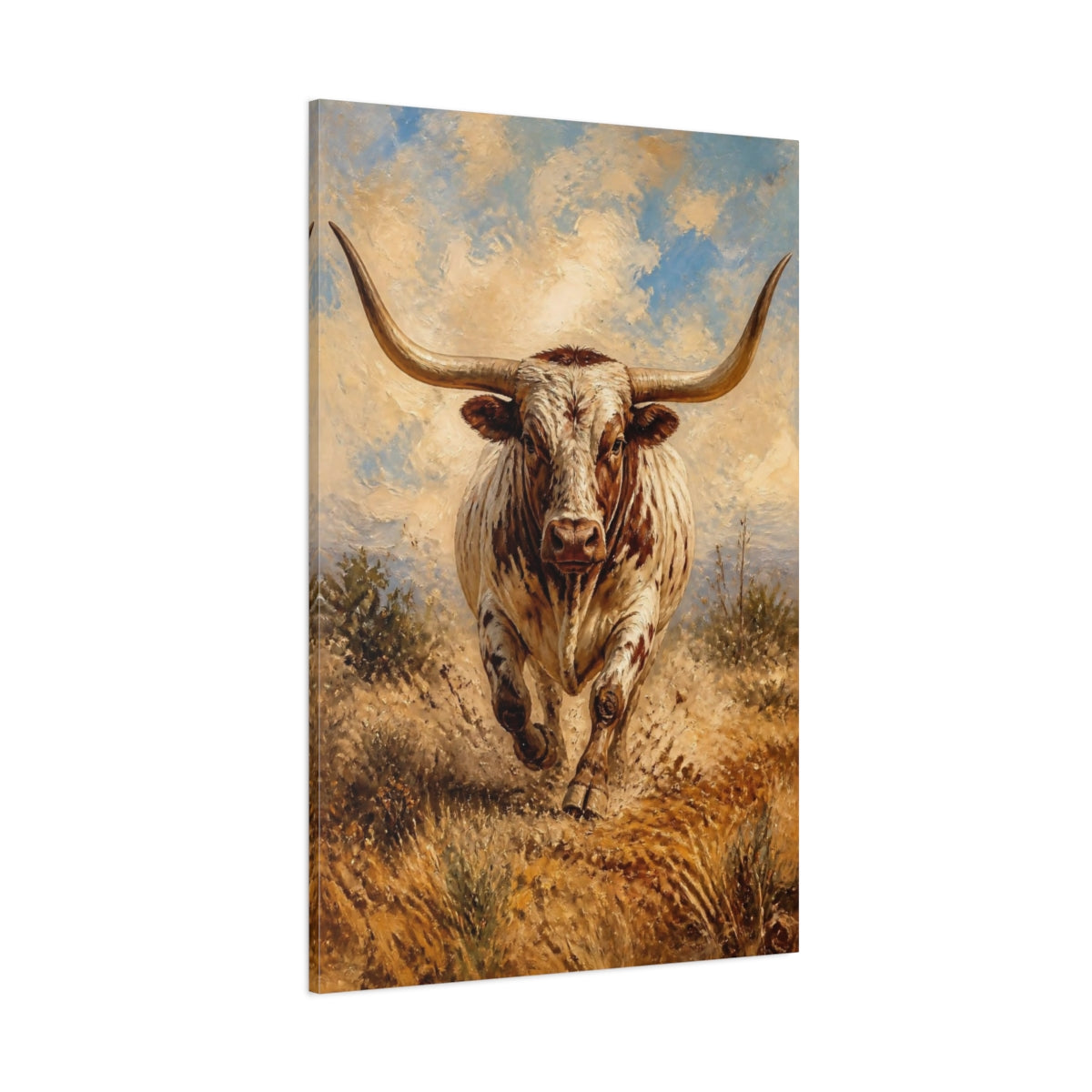 Side Mockup 1. Charging Longhorn Animals shown as canvas print