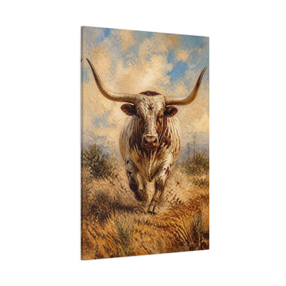 Side Mockup 1. Charging Longhorn Animals shown as canvas print