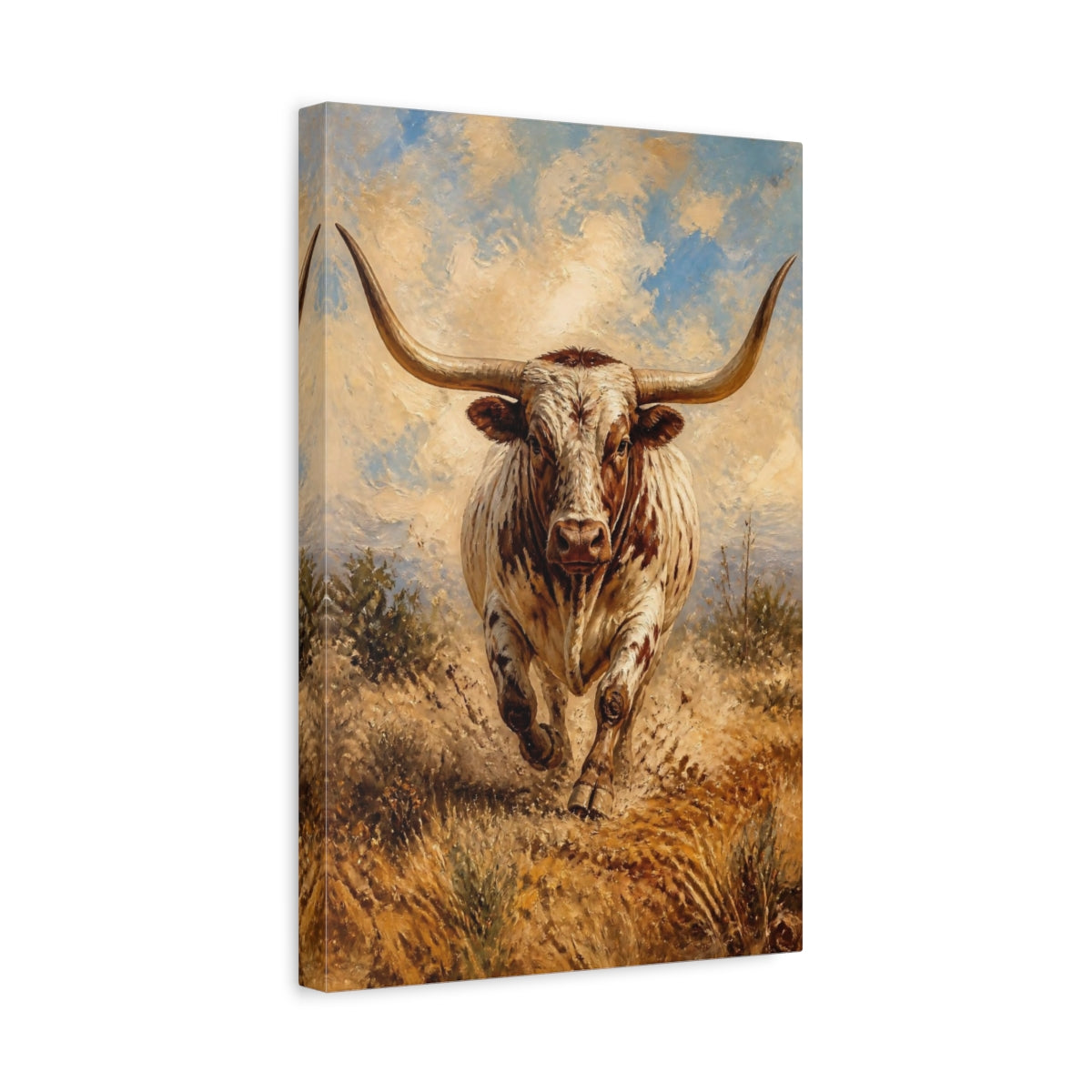 Side Mockup 4. Charging Longhorn Animals shown as canvas print