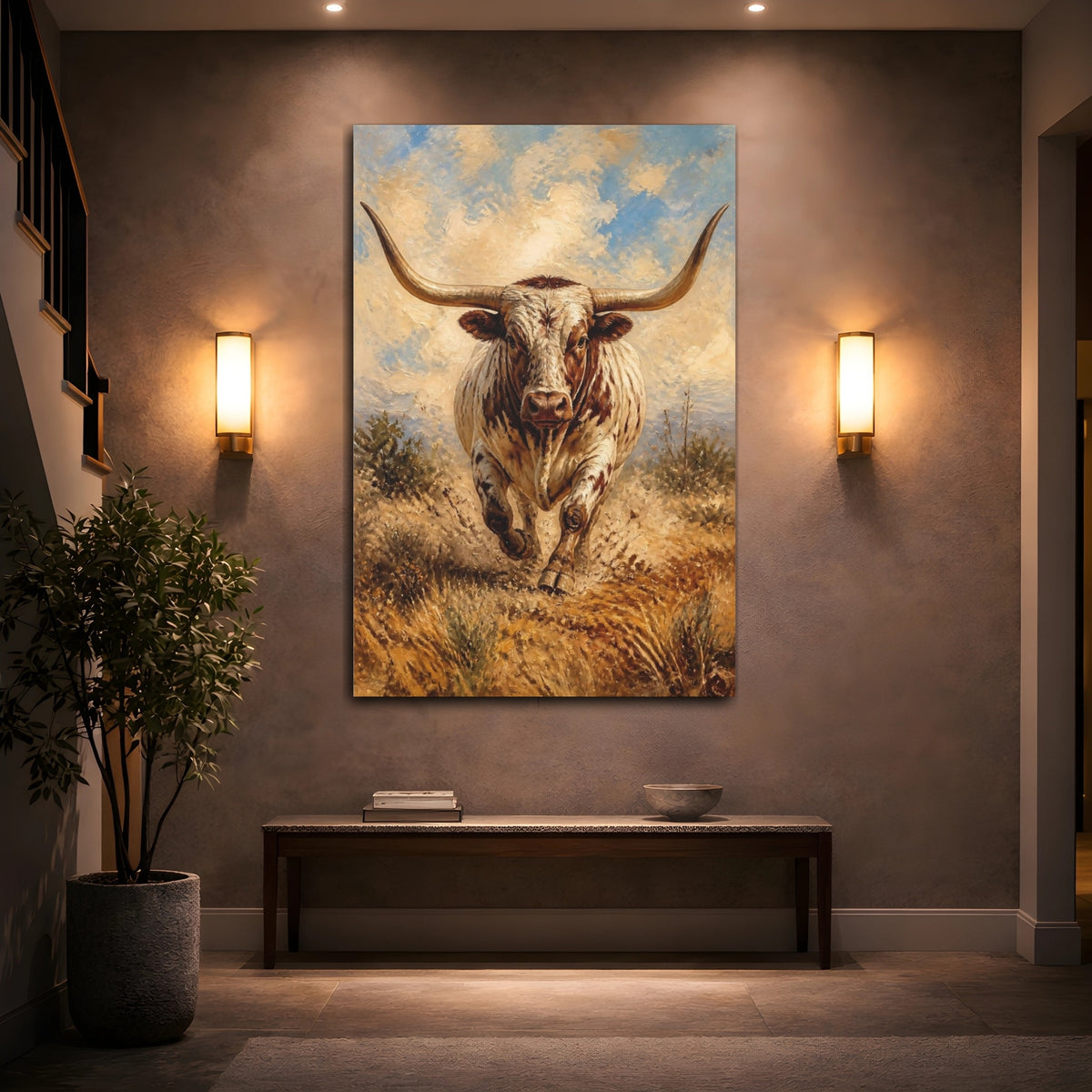 Mockup 2. Charging Longhorn Animals shown as canvas print