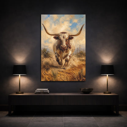 Mockup 3. Charging Longhorn Animals shown as canvas print