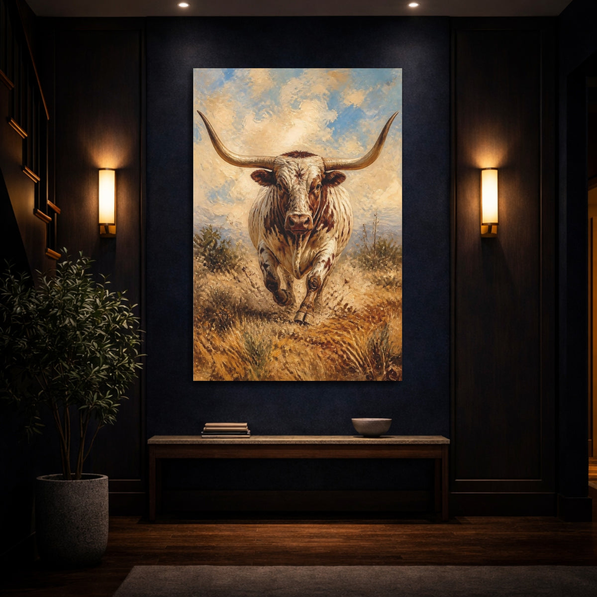Mockup 4. Charging Longhorn Animals shown as canvas print