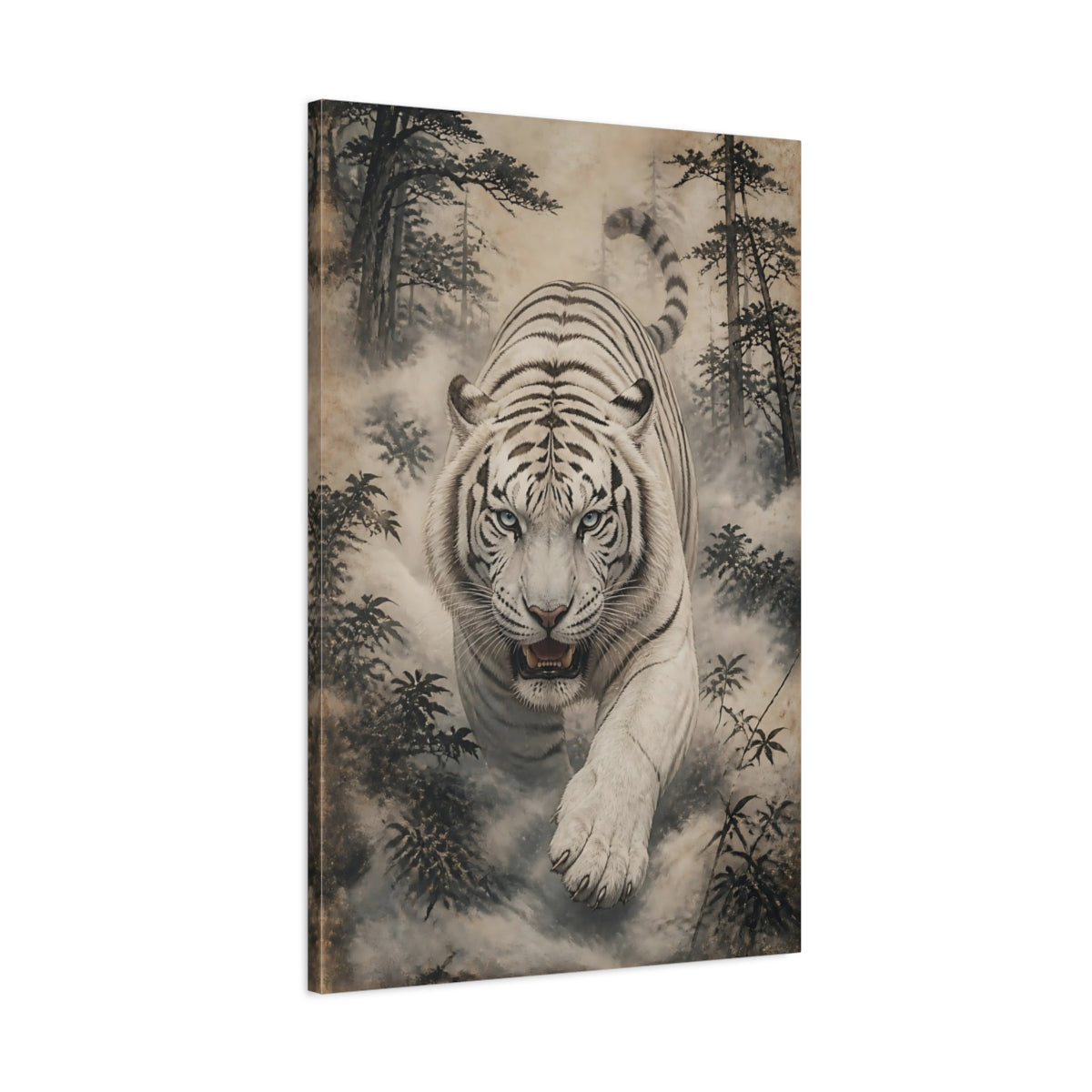 Main Mockup. Charging White Tiger Animal shown as canvas print