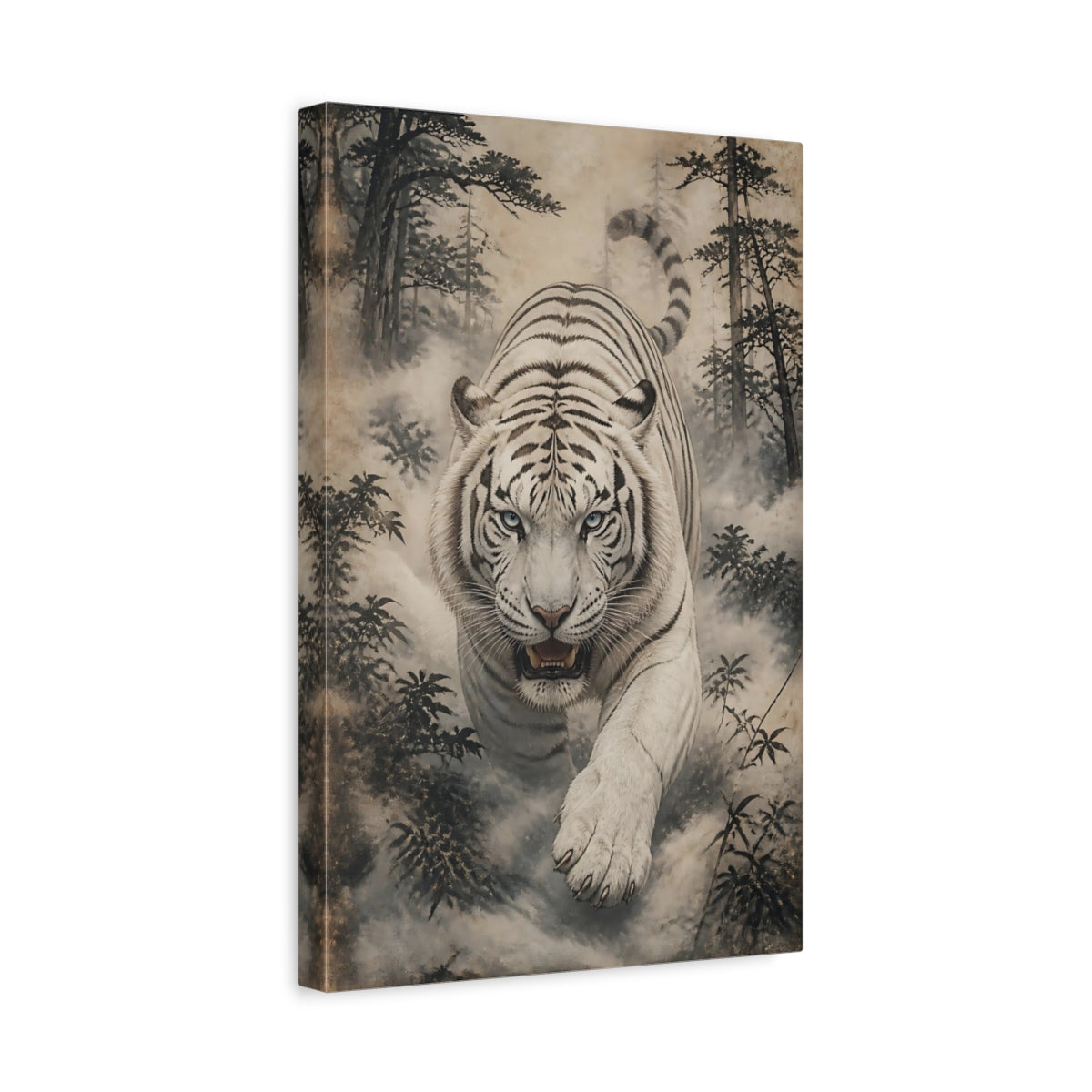 Side Mockup 4. Charging White Tiger Animal shown as canvas print