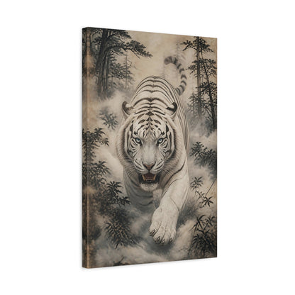Side Mockup 3. Charging White Tiger Animal shown as canvas print