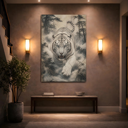 Mockup 2. Charging White Tiger Animal shown as canvas print
