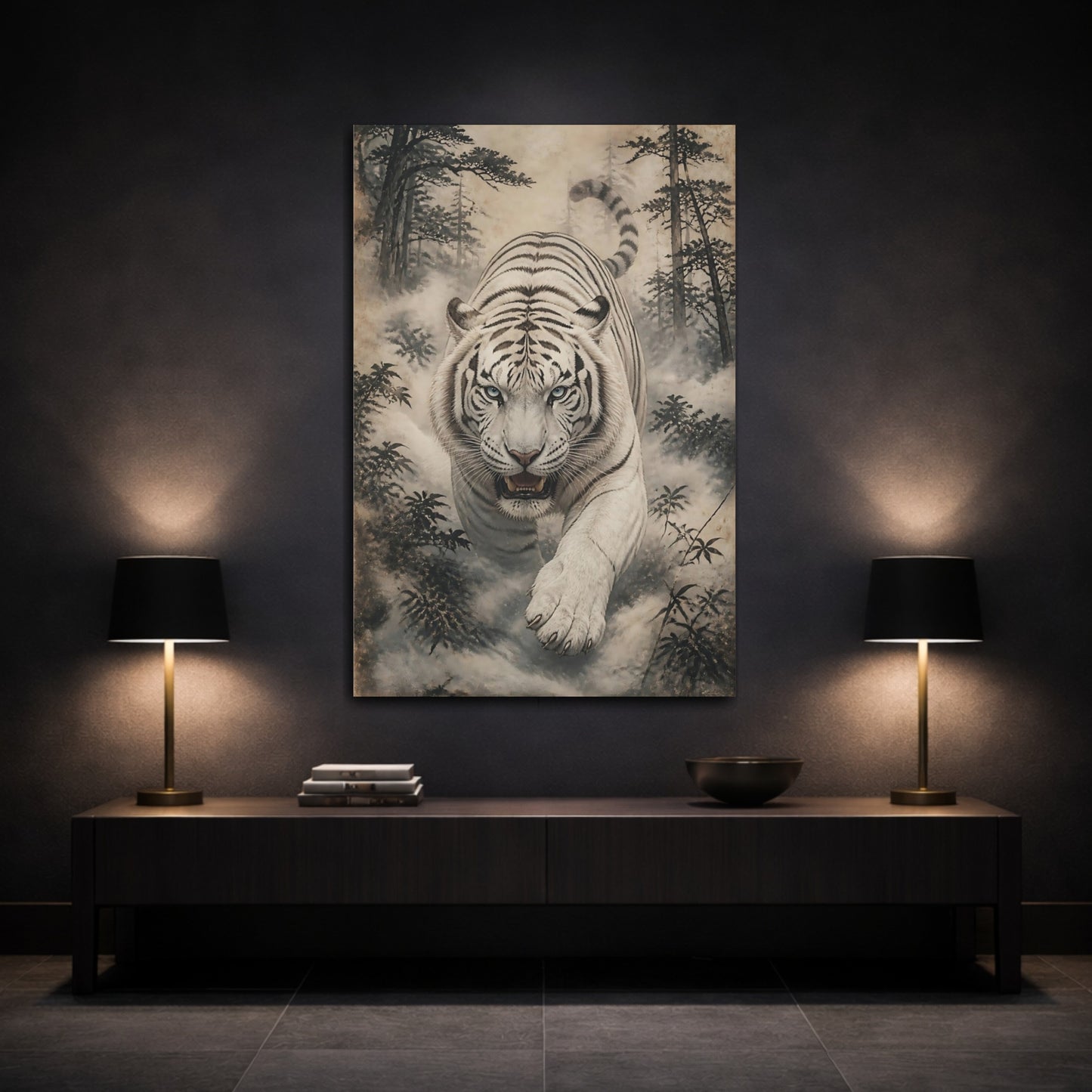 Mockup 3. Charging White Tiger Animal shown as canvas print
