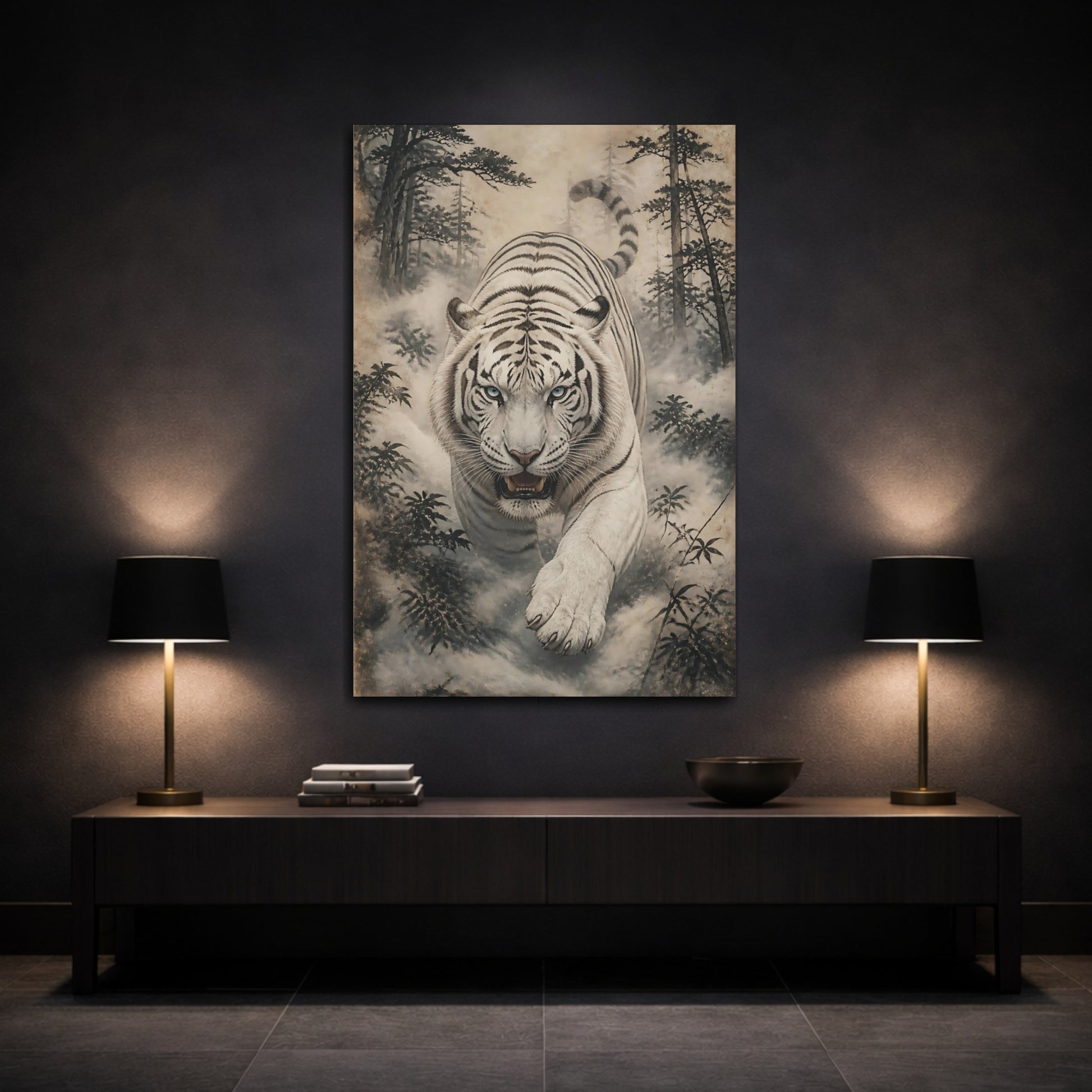 Mockup 3. Charging White Tiger Animal shown as canvas print