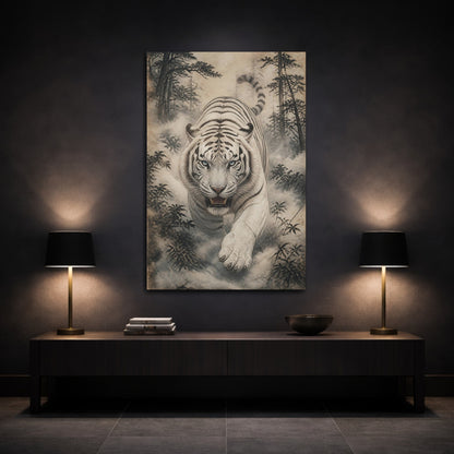 Mockup 3. Charging White Tiger Animal shown as canvas print