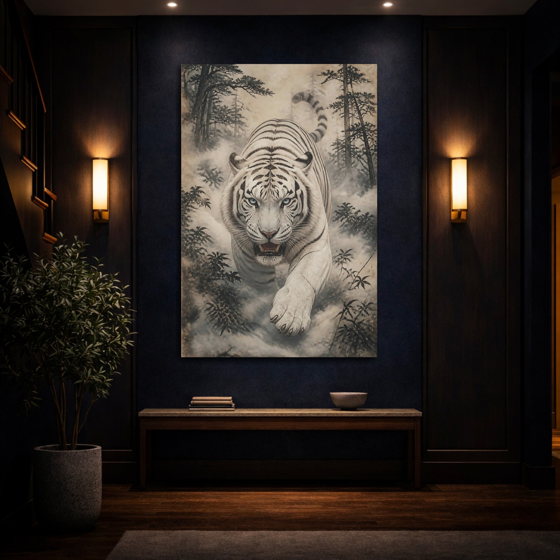Mockup 4. Charging White Tiger Animal shown as canvas print