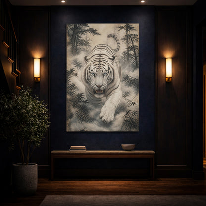Mockup 4. Charging White Tiger Animal shown as canvas print